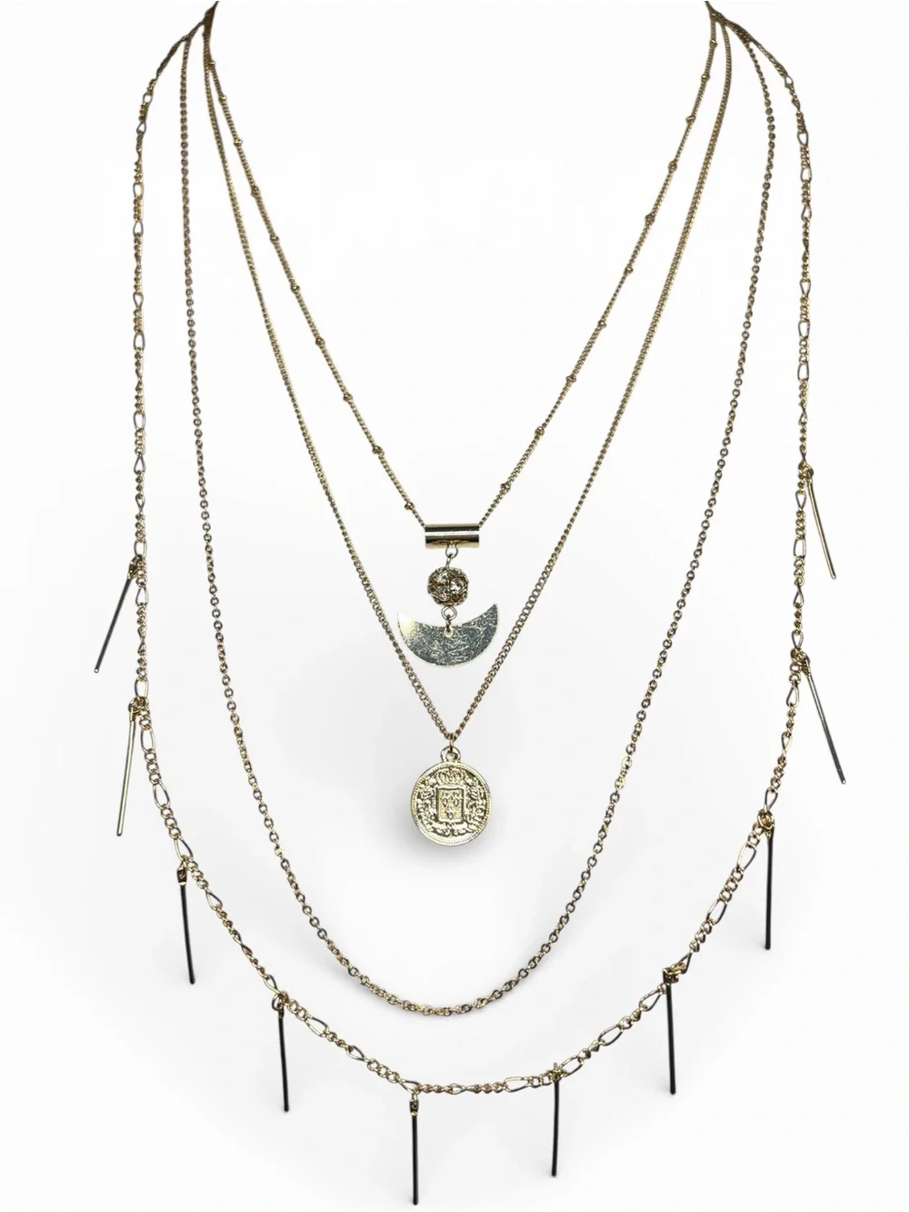 Gold 4 Layered Crescent & Coin Pendant Necklace Set - Picture 4 of 10